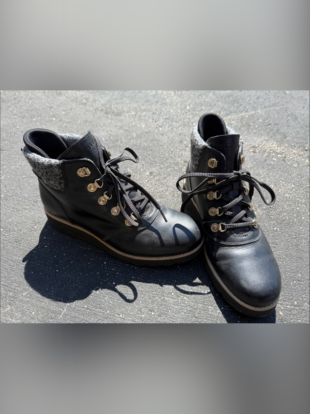 Cole Haan Black Leather Winter Lace-Up Boots with Gray Cuff